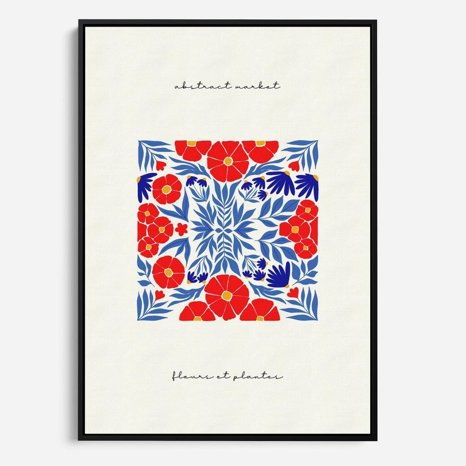 Obraz w ramie 50x70 - Tajemnicza Droga - nowoczesna kwiatowa kompozycja, czerwony i niebieski - rama czarna