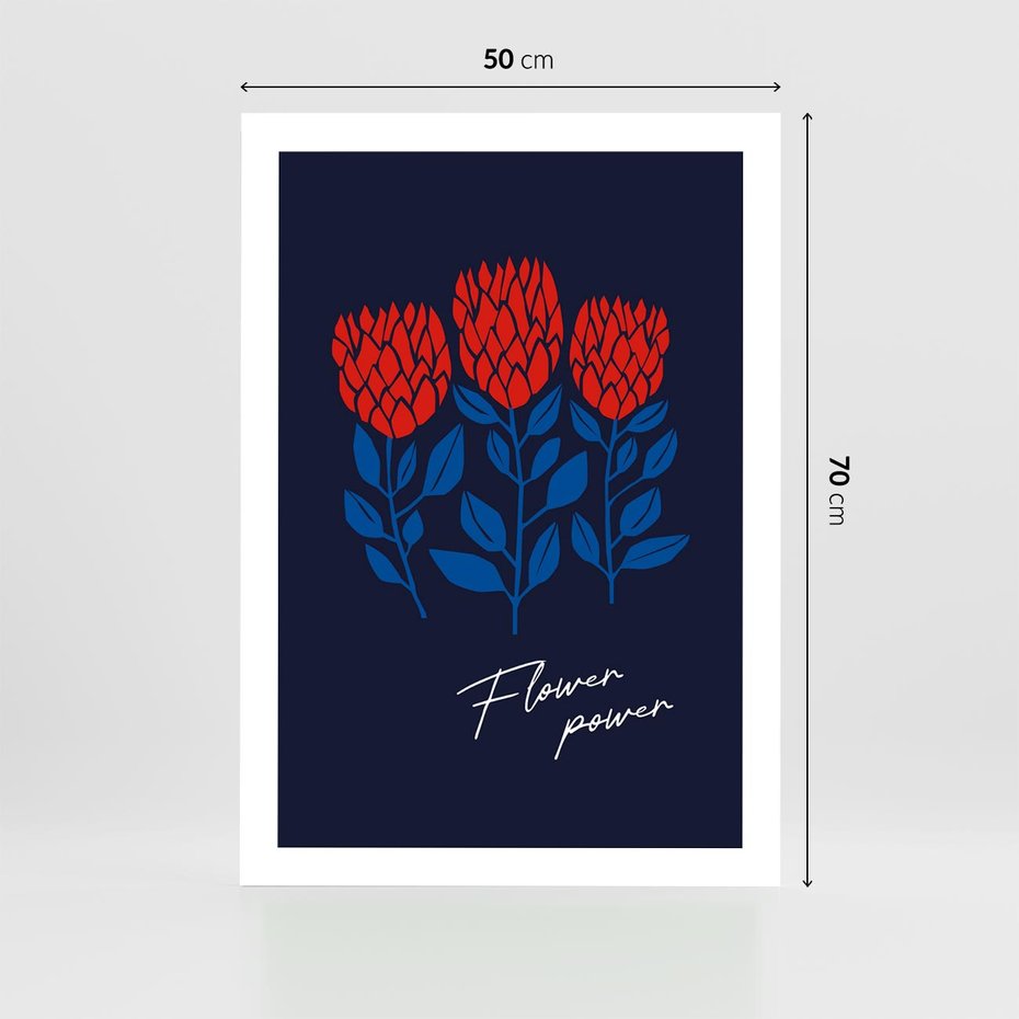 Plakat bez ramy 50x70 - Podróżne Barwy - czerwone abstrakcyjne kwiaty, granatowe tło