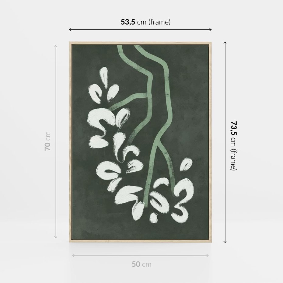 Obraz w ramie 50x70 - Rozkwitające Zielone Gałęzie - abstrakcyjne delikatne zielone linie, podobne do gałęzi kwiatów - rama drewno