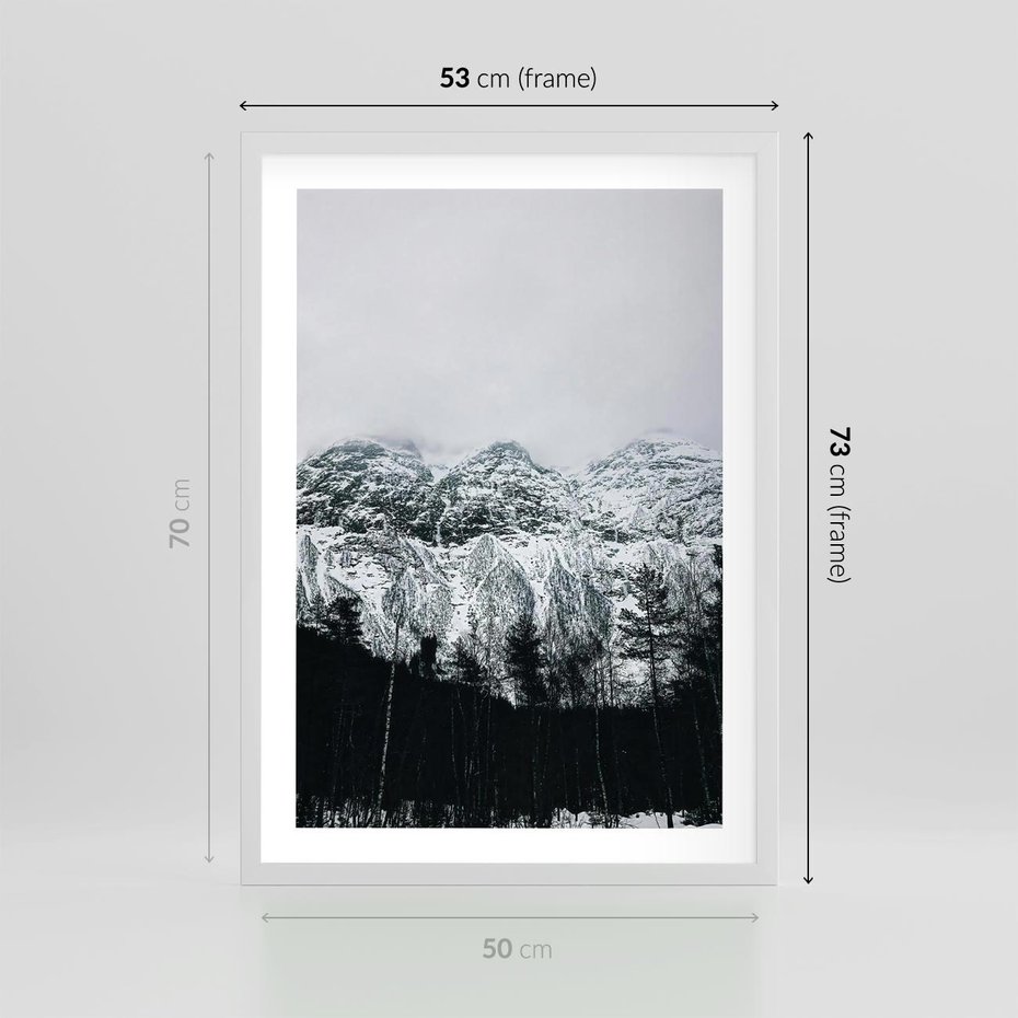 Plakat w ramie 50x70 - Zimowe Uroki Gór - góry ośnieżone, krajobraz górski - rama biała