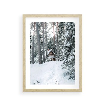 Plakat w ramie 30x40 - Spokój Zimowej Przygody w Lesie - domek w górach w lesie, zima - rama drewno