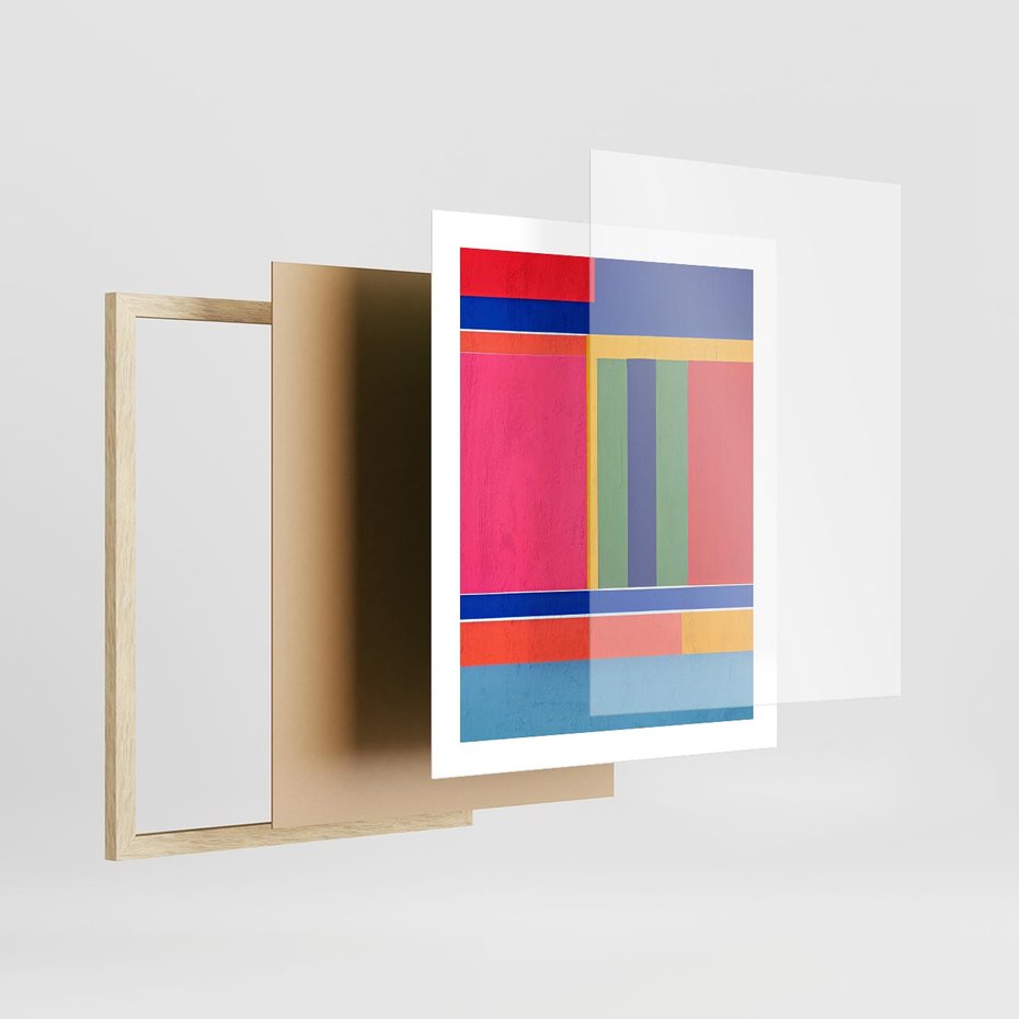 Plakat w ramie 40x50 - Wnętrza Rozplątanych Barw - abstrakcyjny geometryczny obraz olejny, kolorowe pasy - rama drewno