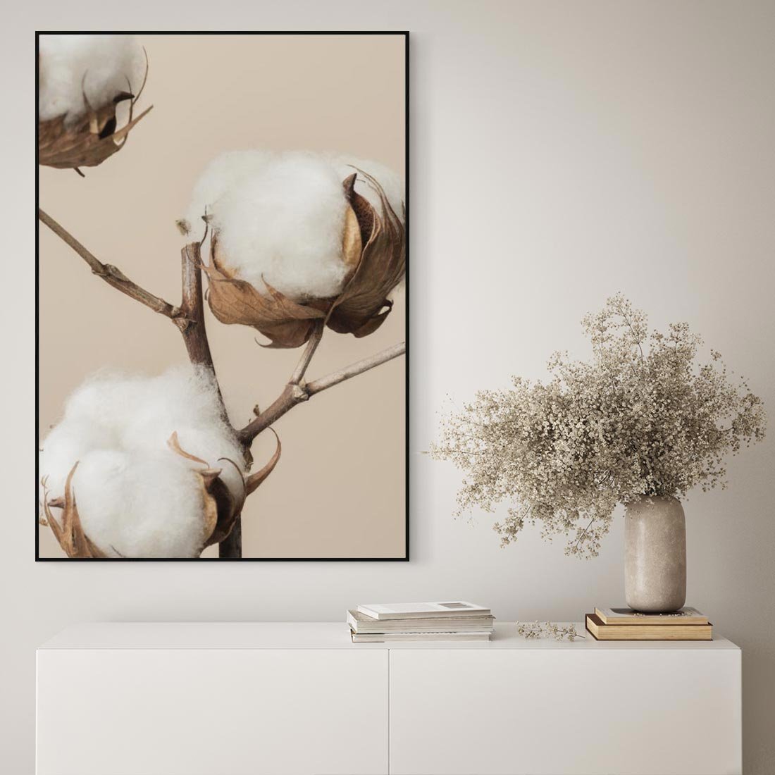 Obraz w ramie 70x100 - Bawełniana melancholia - bawełna, suche - rama czarna