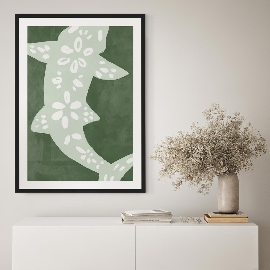 Plakat w ramie 40x50 - Migotliwe Wibracje Zieleni - zielony plakat, abstrakcja przypominająca rybę - rama czarna