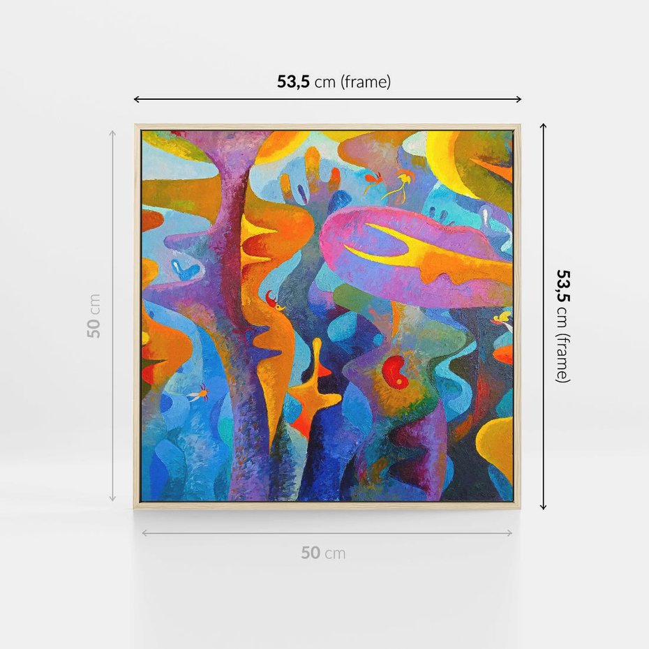 Obraz w ramie 50x50 - Płomienne Tańce Abstrakcji - energetyczna abstrakcja, dziwne formy - rama drewno