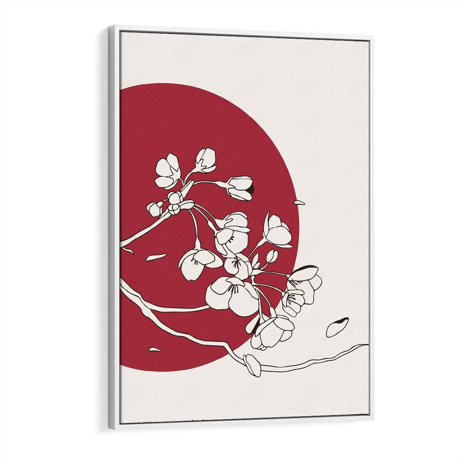 Obraz w ramie 80x120 - Esencja Zen - kwiatnąca wiśnia, orientalna grafika - rama biała