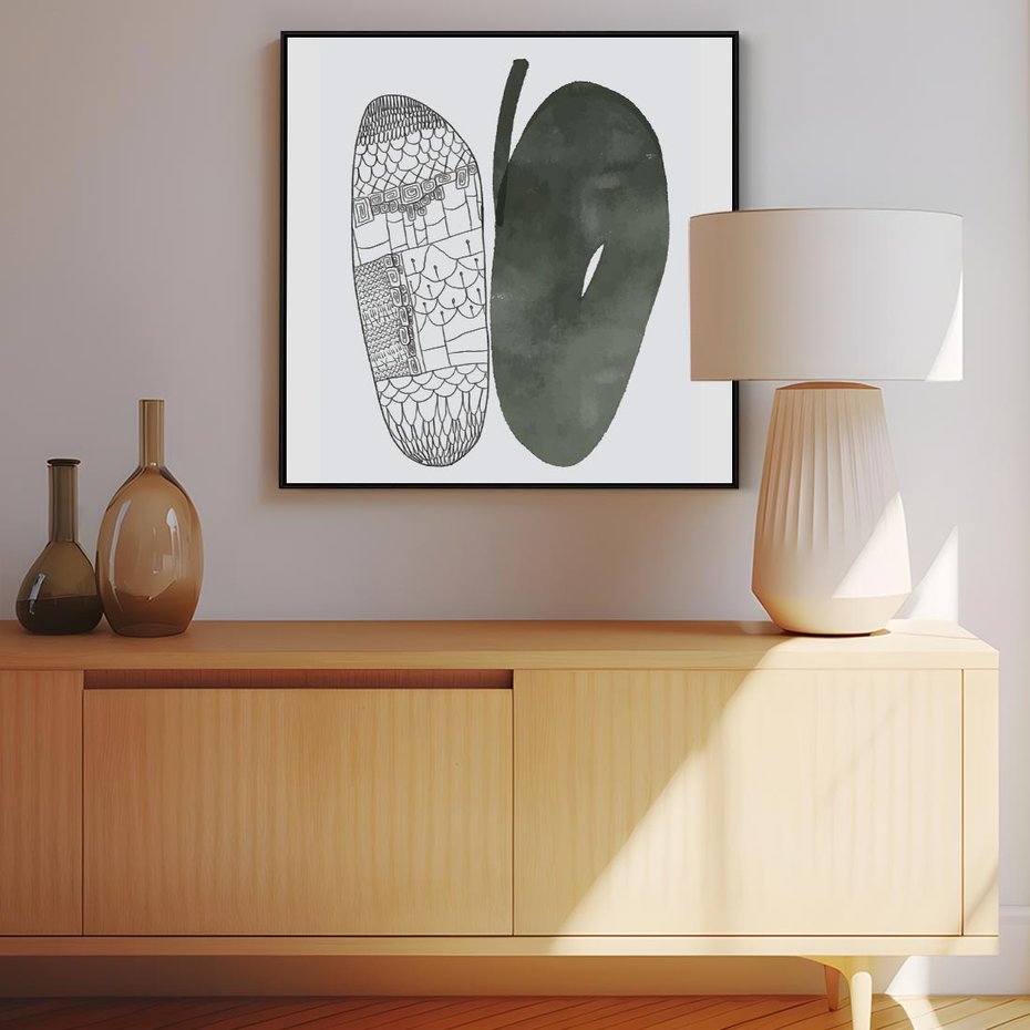 Obraz w ramie 50x50 - Przesunięte Jabłko - minimalistyczny plakat, jabłko - rama czarna