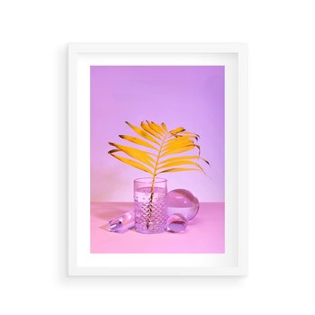 Plakat w ramie 50x70 - Neonowy Liść Palmy na Fotografii - neonowa fotografia, liść palmy w szklance - rama biała