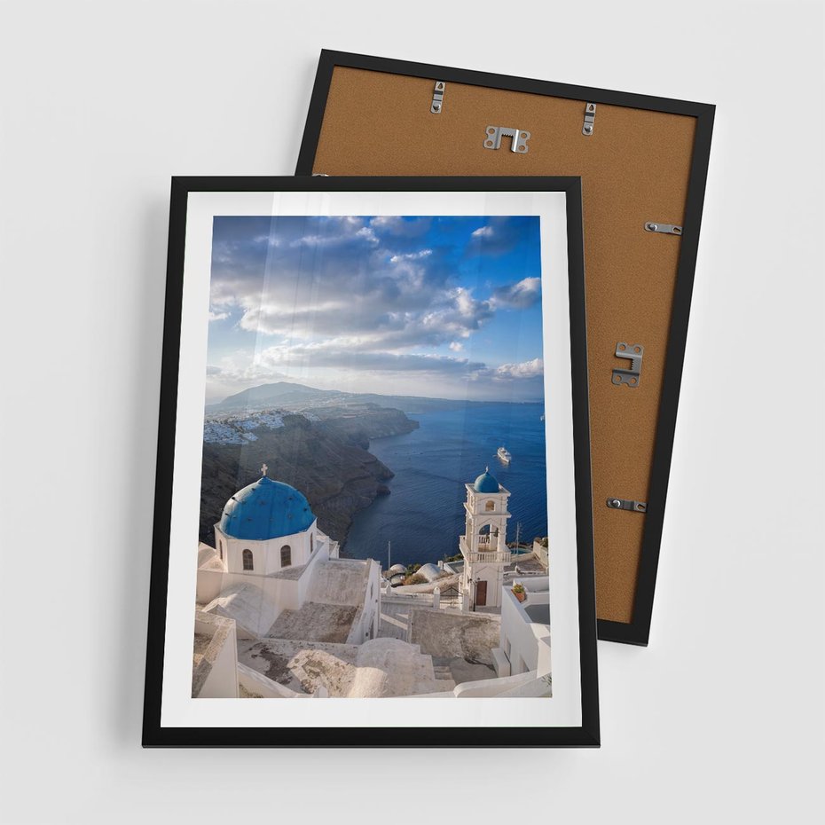 Plakat w ramie 50x70 - Błękitne Przezycia - Santorini, morze - rama czarna