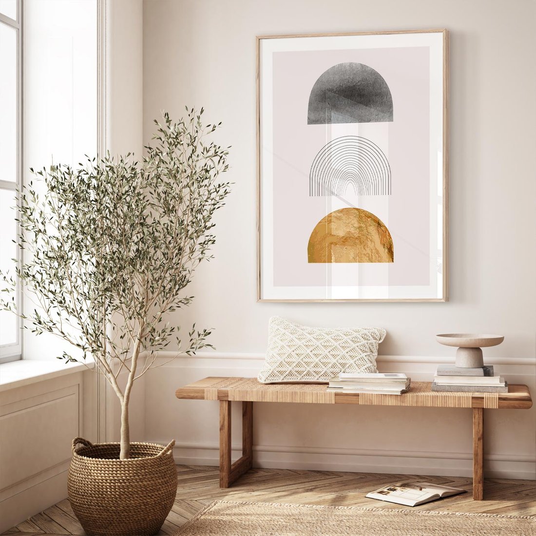 Plakat w ramie 50x70 - Piękno wGeometrycznych Kształtach i Złocie - nowoczesna geometryczna grafika, złote elementy - rama drewno