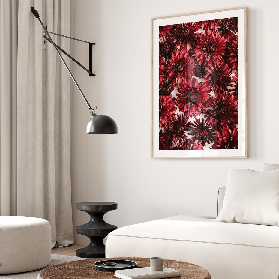 Plakat w ramie 30x40 - Energia Kwiatów - czerwone kwiaty, kompozycja - rama drewno