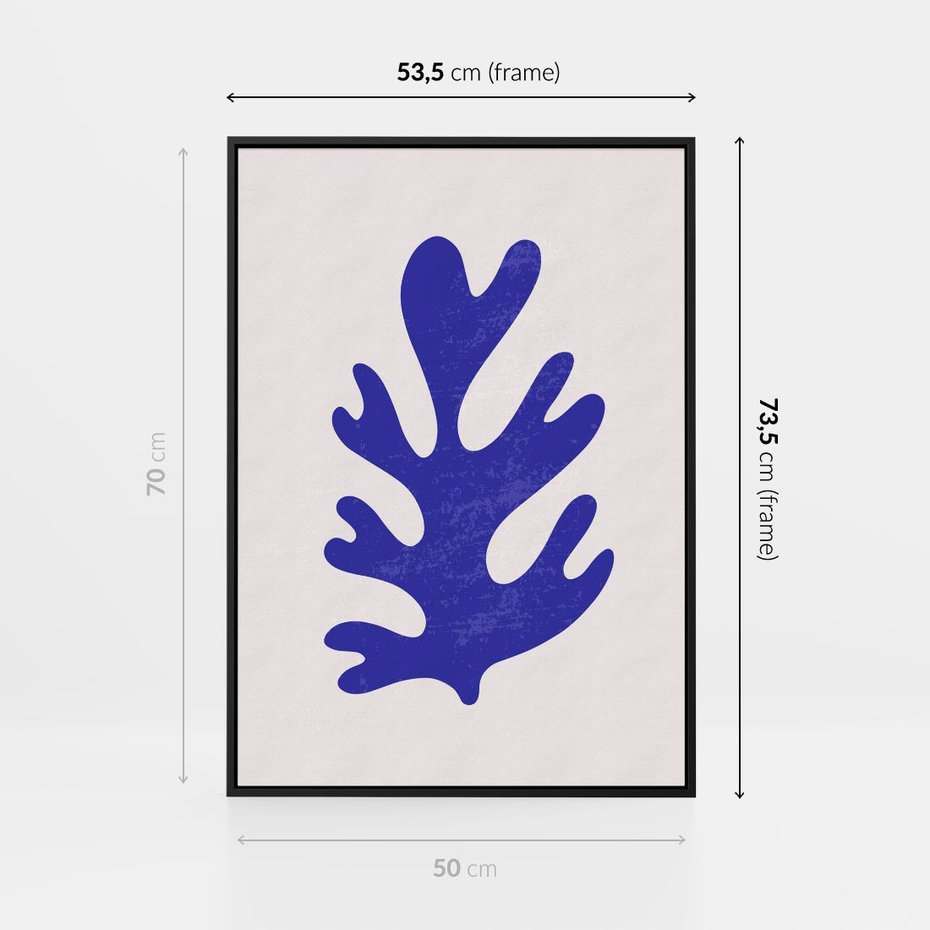 Obraz w ramie 50x70 - Przenikająca Struktura - boho plakat, niebieski liść w intensywnym kolorze - rama czarna