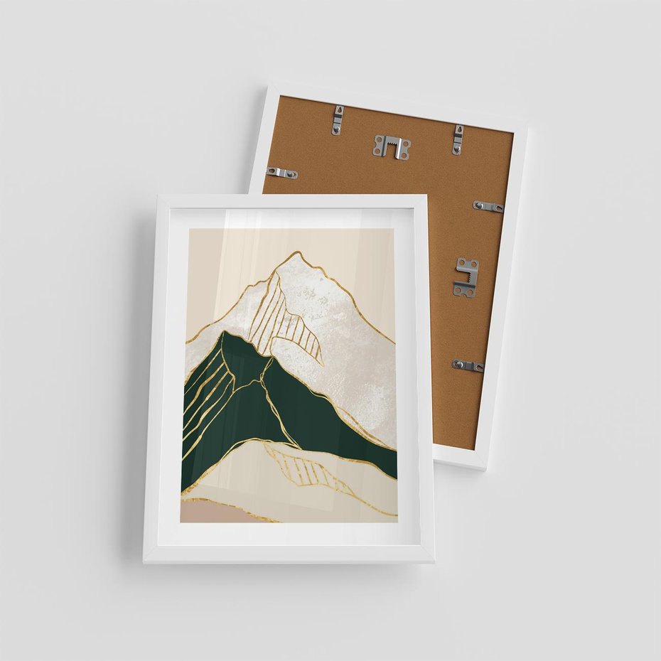 Plakat w ramie 30x40 - Minimalistyczne Góry: Złota Sztuka Natury - minimalistyczna grafika, góry - rama biała