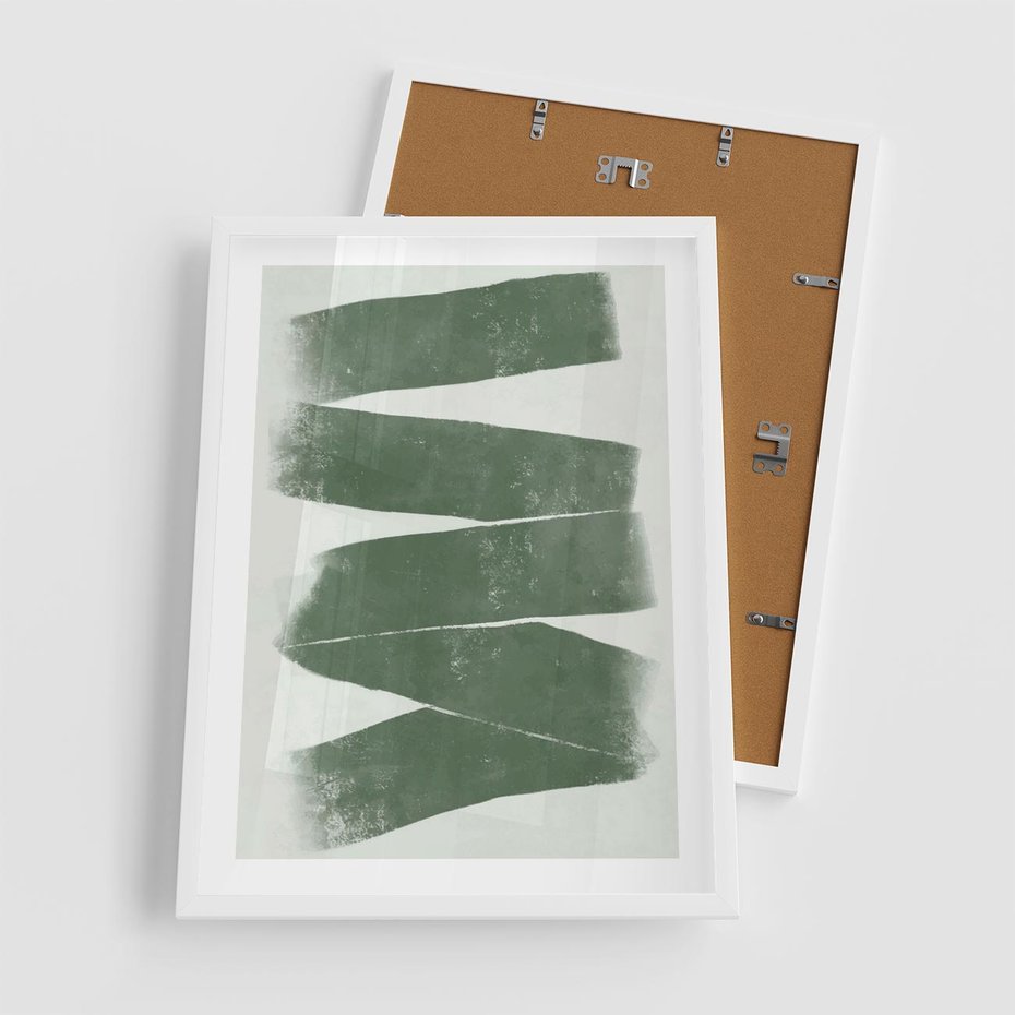 Plakat w ramie 50x70 - Zielone Refleksje - abstrakcja, zgaszony zielony kolor - rama biała