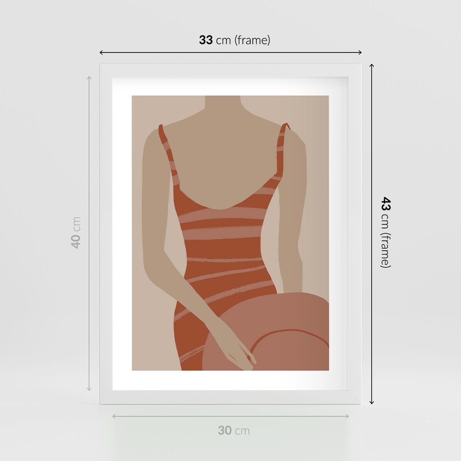 Plakat w ramie 30x40 - Kobiece Retro - minimalistyczny boho plakat, retro kobieta w stroju kąpielowym - rama biała