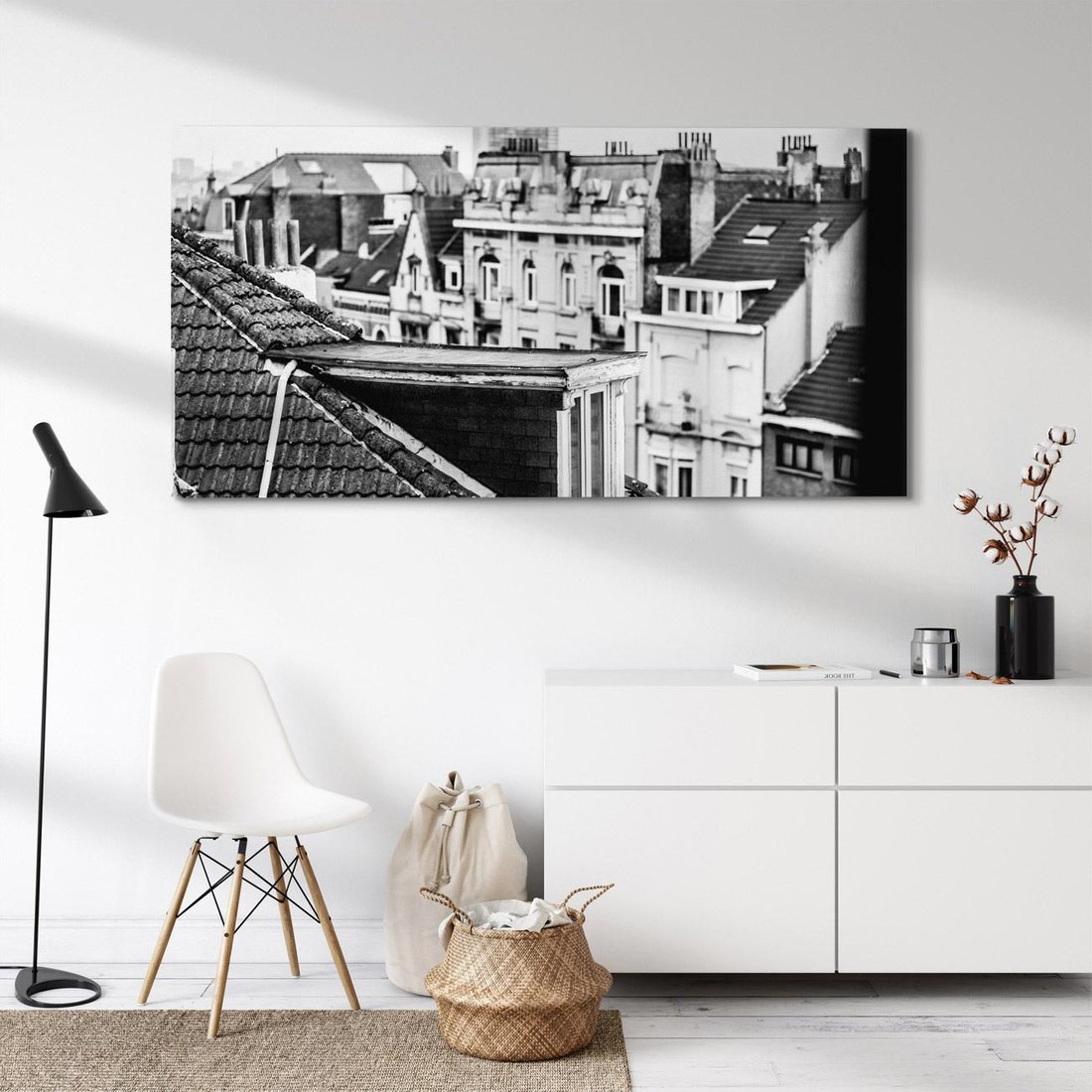 Obraz na płótnie 120x60 - Miasto w Retro Odsłonie - fotografia czarno biała, ujęcie na dachy wielkiego miasta