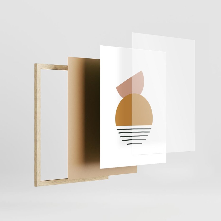 Plakat w ramie 30x40 - Kolory Przyszłości - kompozycja kół i kresek, ciepłe kolory - rama drewno