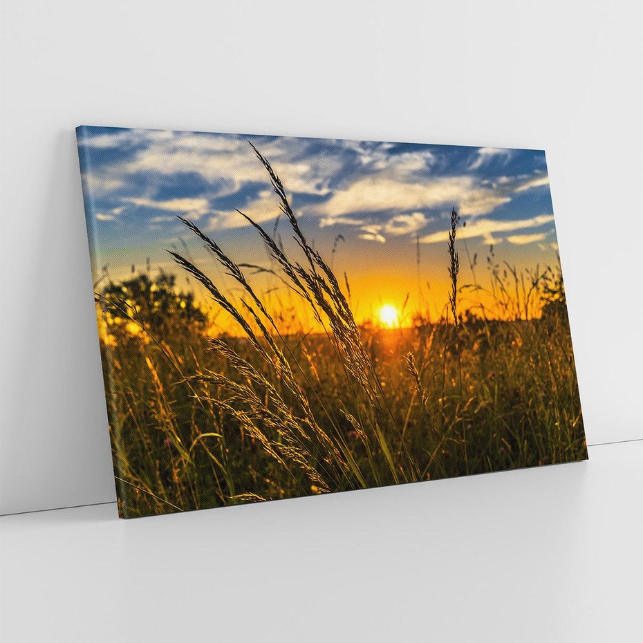 Obraz na płótnie 120x80 - "Zachód Słońca, Łąka - Magiczna Aura - zachód, słońca