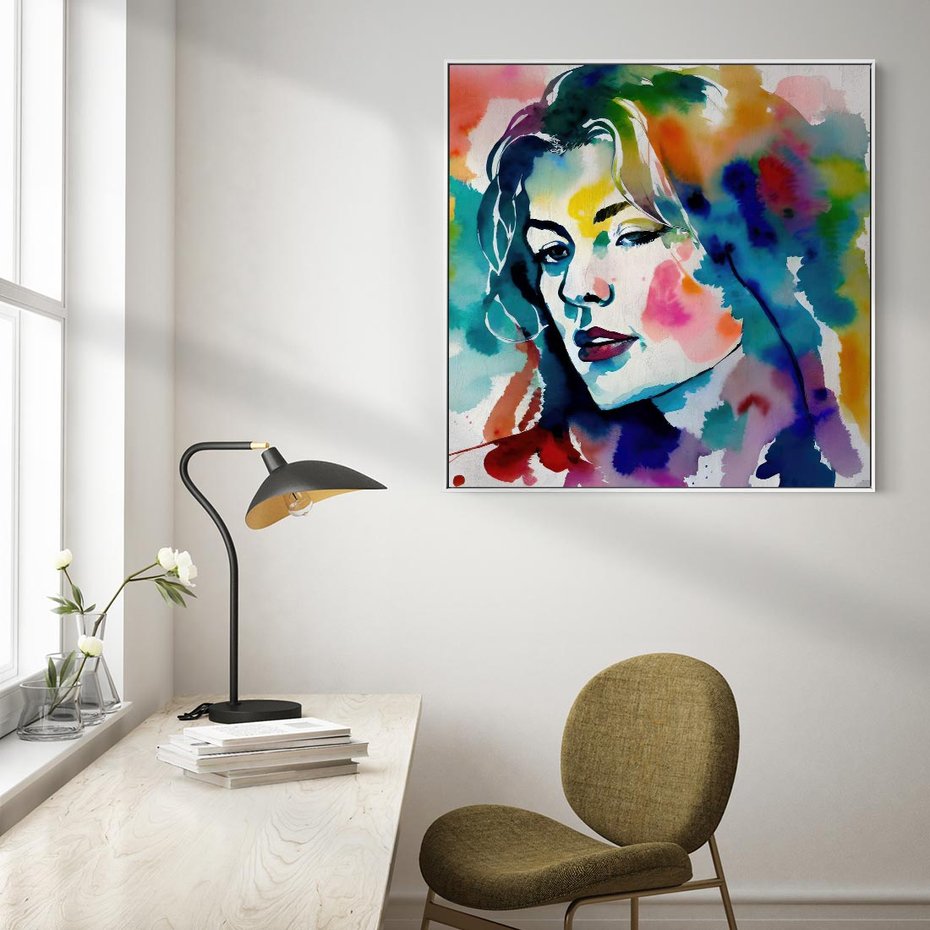 Obraz w ramie 50x50 - Abstrakcyjna ekstaza barw - abstrakcyjny portret kobiety, szkic czarną kreską - rama biała