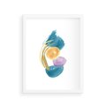 Plakat w ramie 30x40 - Migocące Barwy Akwarel - akwarelowe plamy w odcieniach błękitu, złote kreski - rama biała