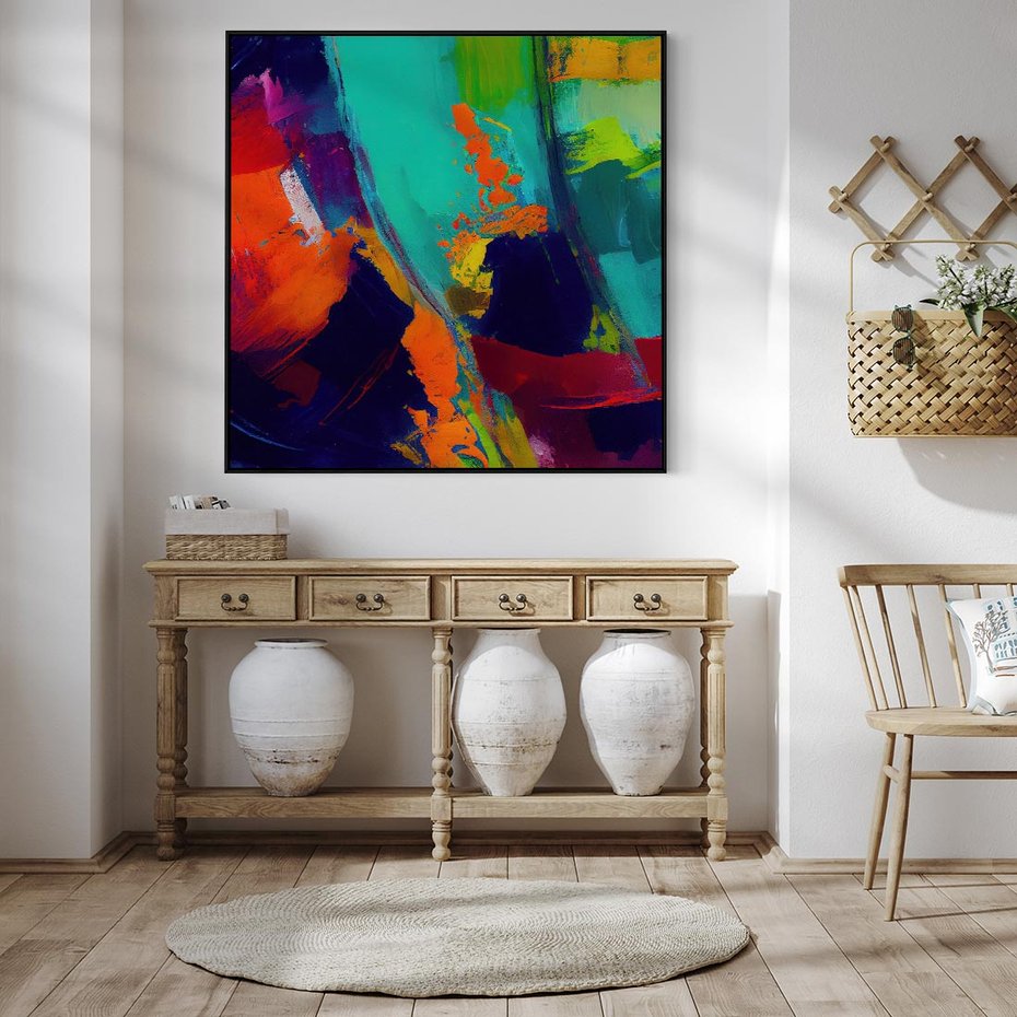 Obraz w ramie 50x50 - Abstrakcyjne wizje czasu - żywe radosne kolory, plamy kolory - rama czarna