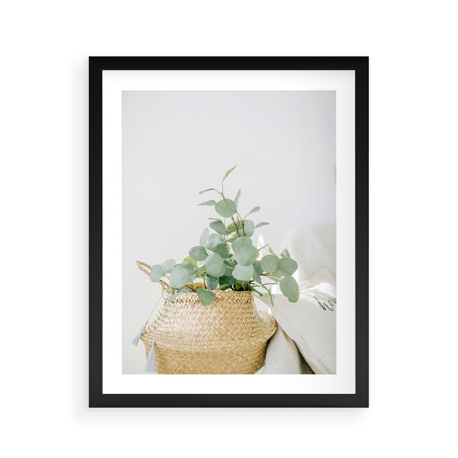 Plakat w ramie 40x50 - Eukaliptusowa Świeżość - eukaliptus, liście w koszu z wikliny - rama czarna