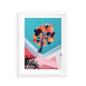 Plakat w ramie 50x70 - Kolorowe Balony Pod Niebem - kolorowe balony na tle niebieskiego nieba - rama biała