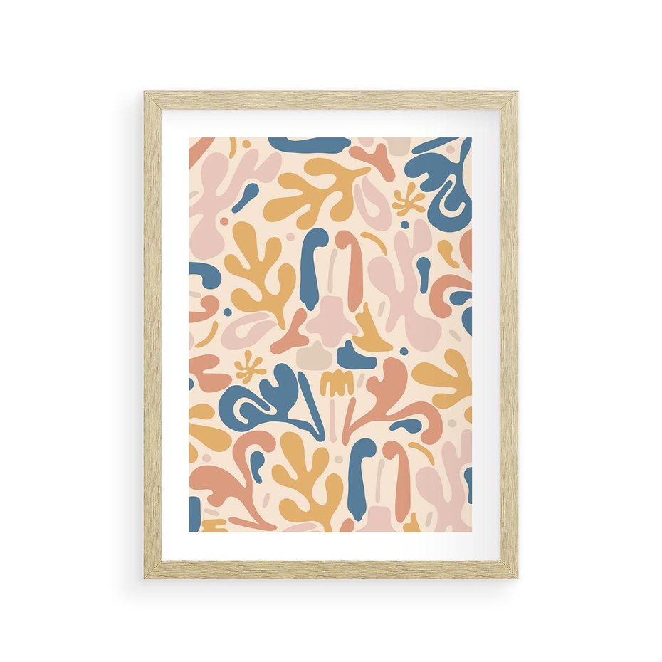 Plakat w ramie 30x40 - Symfonia Radosnych Barw - abstrakcyjne pastelowe formy, nowoczesna grafika w stylu boho - rama drewno