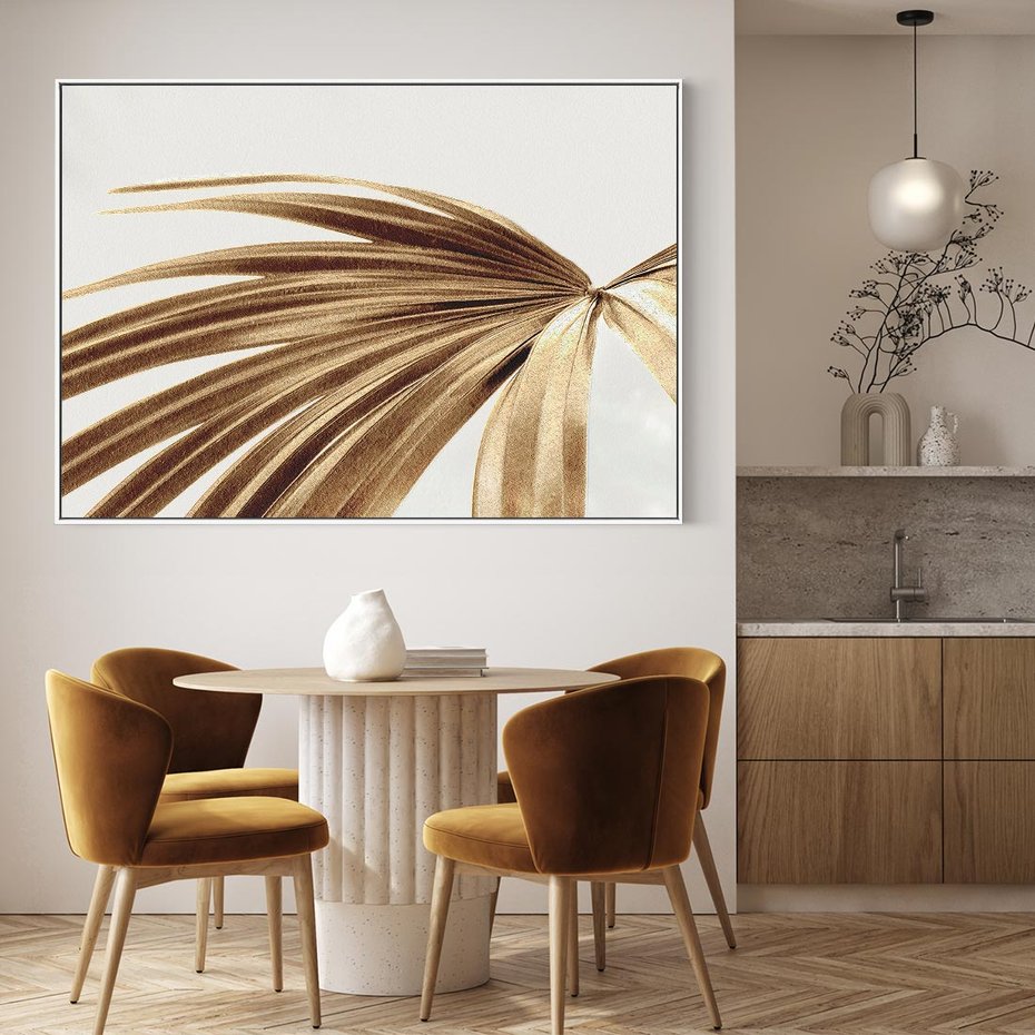 Obraz w ramie 120x80 - Egzotyczny Blask - złote, liście - rama biała