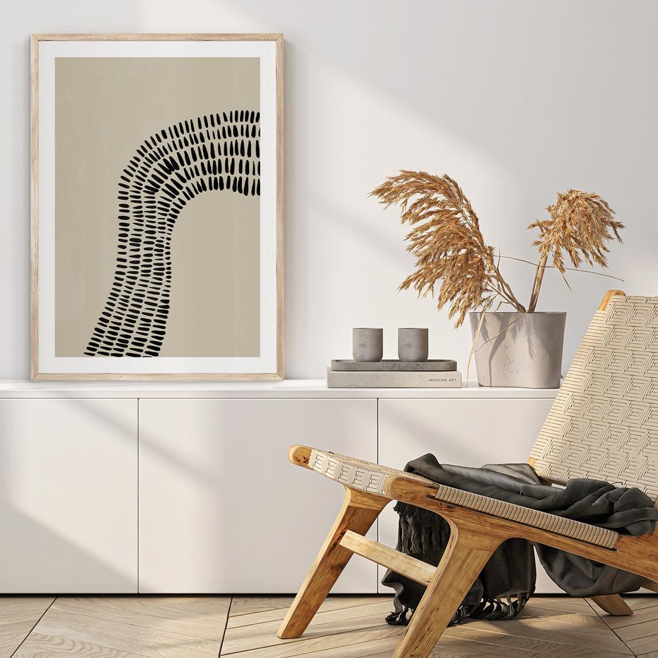 Plakat w ramie 50x70 - Migotliwa Innowacyjna Ekspresja - boho plakat, czarne kropki kreski - rama drewno