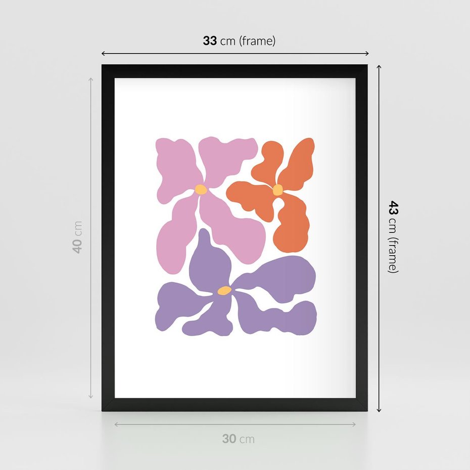 Plakat w ramie 30x40 - Bezgraniczne Wibracje - abstrakcyjne kolorowe kwiaty, minimlizm - rama czarna