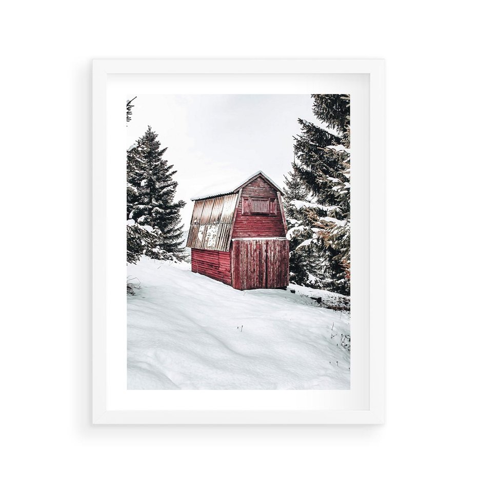 Plakat w ramie 40x50 - Domek w Śnieżnych Górach - domek, góry - rama biała
