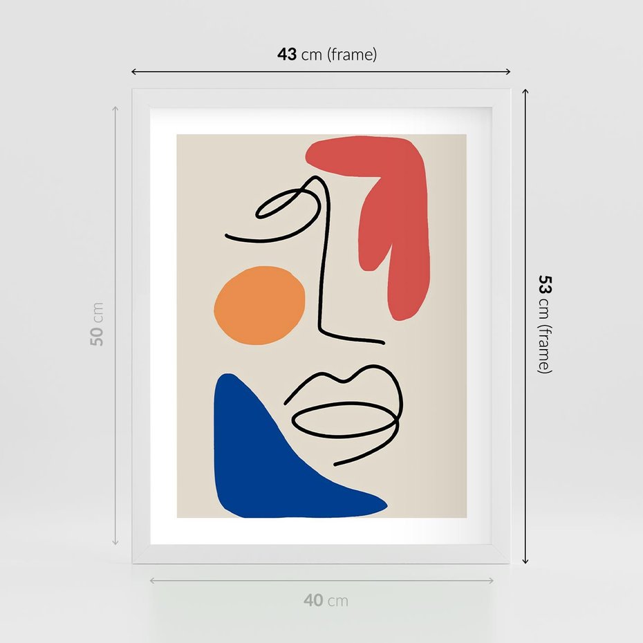 Plakat w ramie 40x50 - Rozbijające Granice Kształtów - abstrakcyjny obraz, przypomina twarz - rama biała