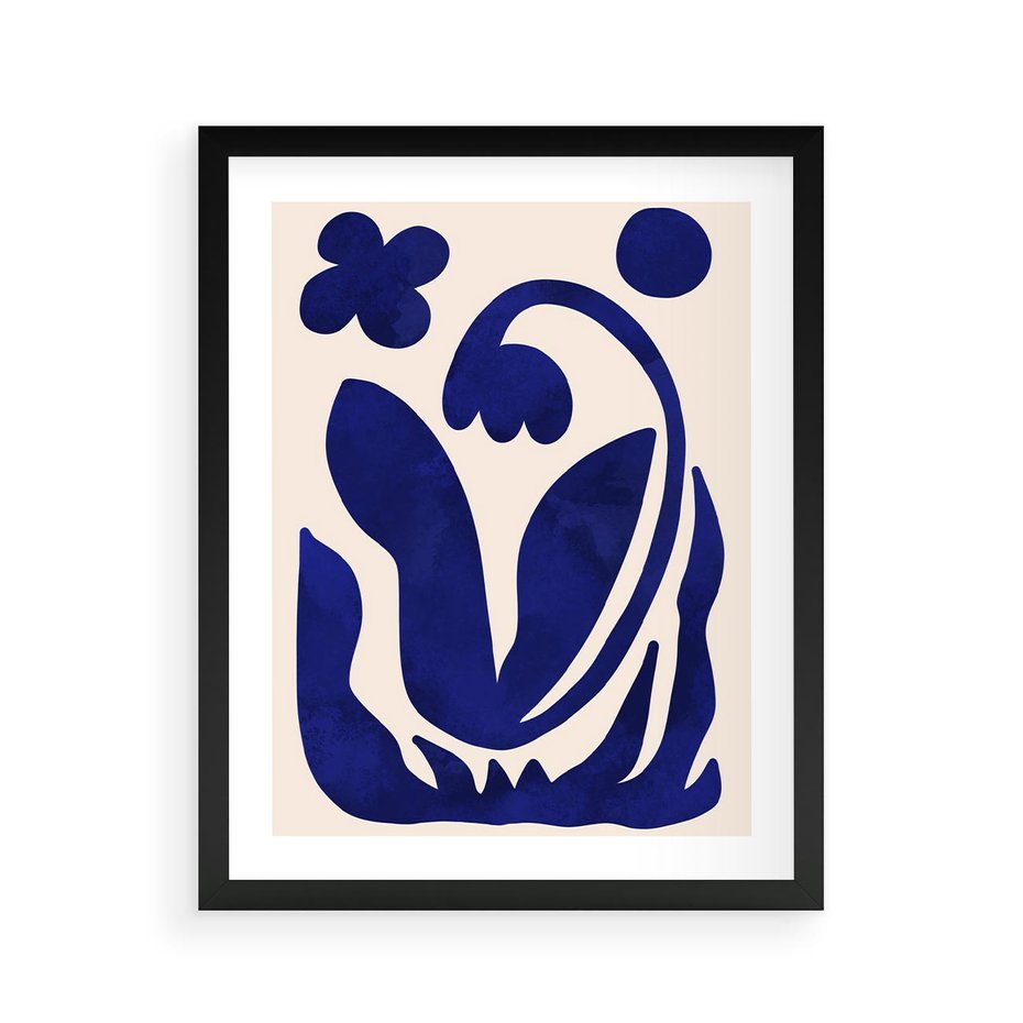 Plakat w ramie 40x50 - Bezgraniczne Echa Serca - abstrakcyjny obraz plakat, dziwne niebieskie kształty przypominają kwiat - rama czarna