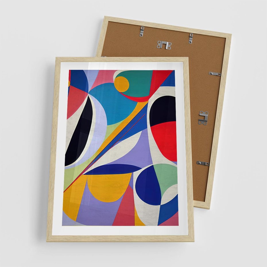 Plakat w ramie 50x70 - Kolorowe Przesunięcia Kształtów - abstrakcyjny obraz olejny, żywe kolory - rama drewno