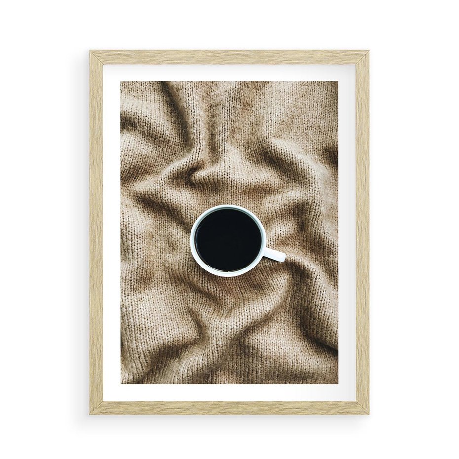 Plakat w ramie 50x70 - Filiżanka Kawy na Brązowym Kocu - kawa, czarna kawa - rama drewno