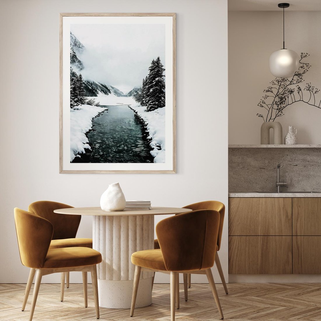Plakat w ramie 30x40 - Zimowa Przyroda: Rzeka, Góry i Śnieg - zima, rzeka - rama drewno