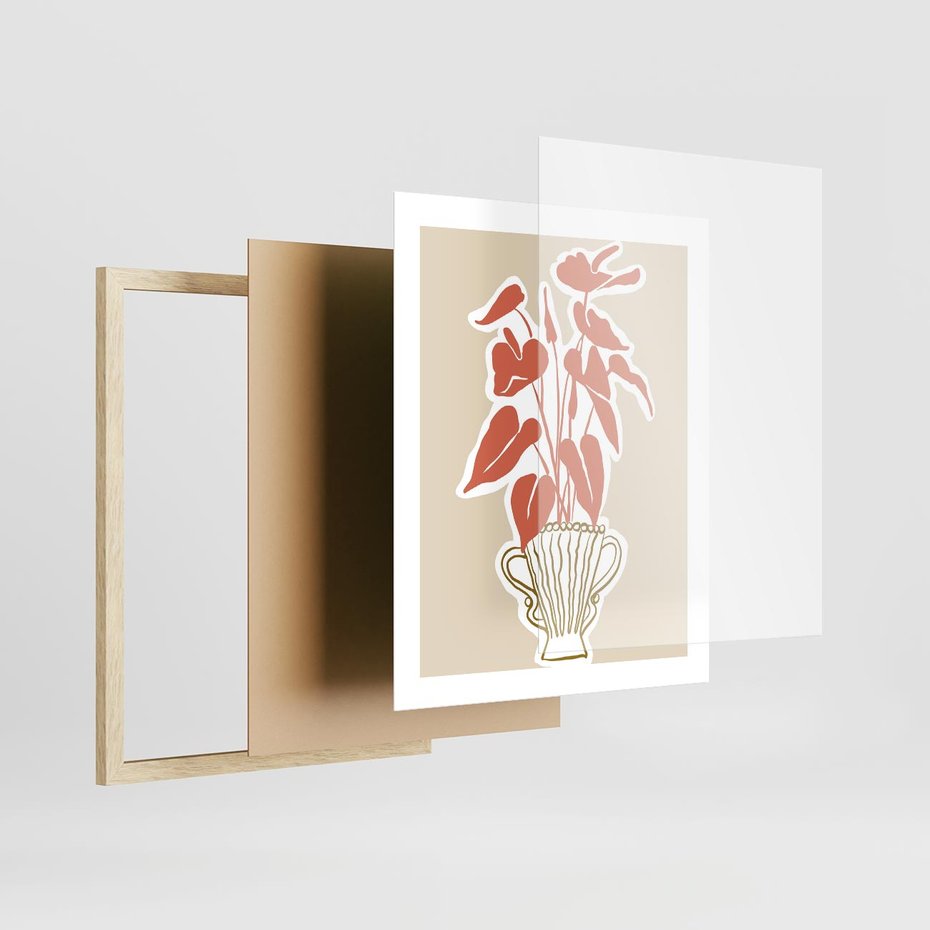 Plakat w ramie 40x50 - Harmonijne Echa - abstrakcyjne kwiaty liście, elegancka kompozycja - rama drewno