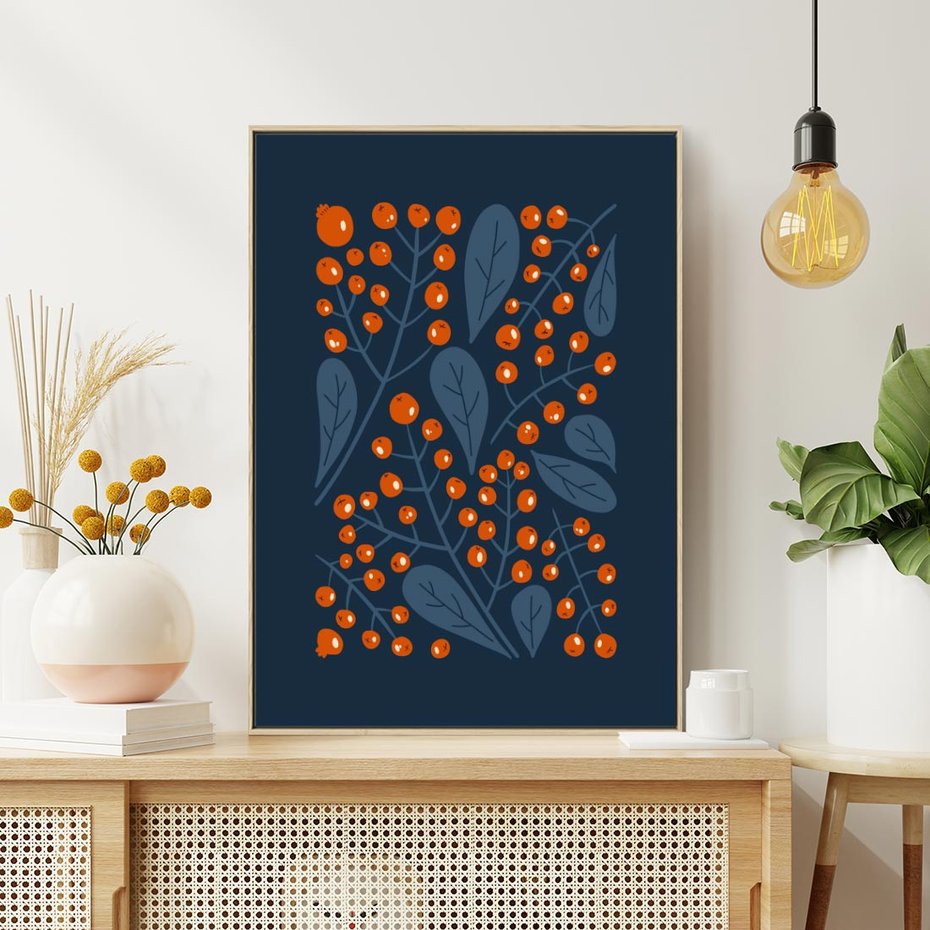 Obraz w ramie 80x120 - Symfonia liści i owoców - granatowe tło, pomarańczowe owoce jarzębiny - rama drewno