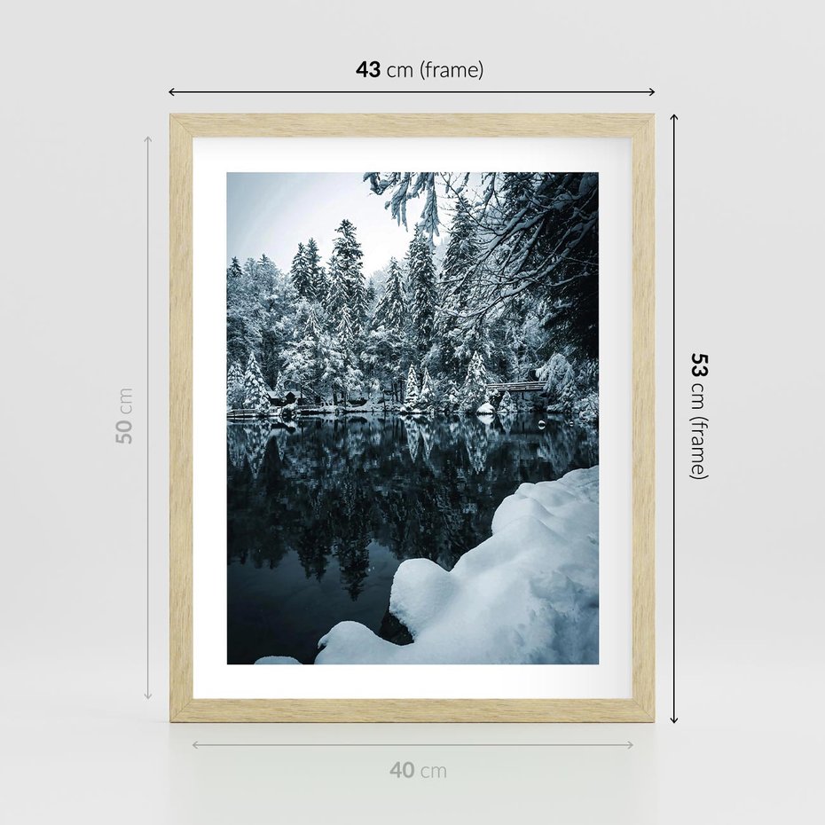 Plakat w ramie 40x50 - Zima nad Jeziorem - krajobraz zimowy, jezioro - rama drewno