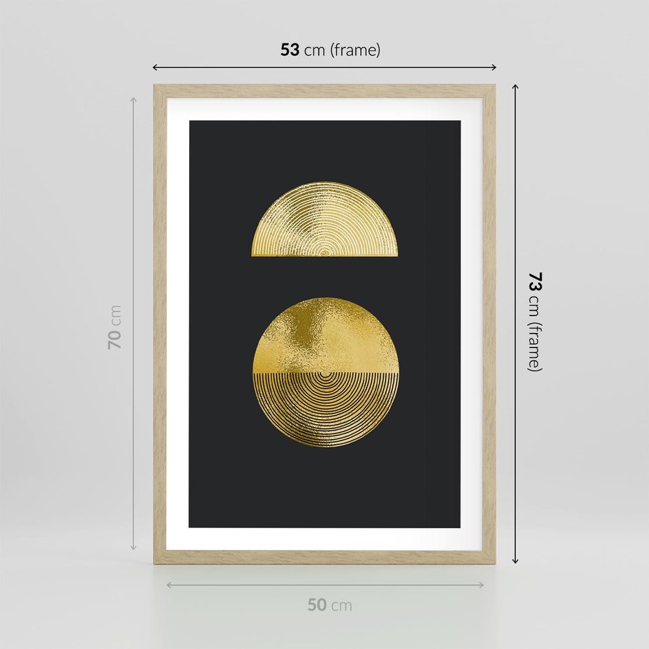 Plakat w ramie 50x70 - Migotliwe Przeniknięcia - złote koła, czarne tło - rama drewno