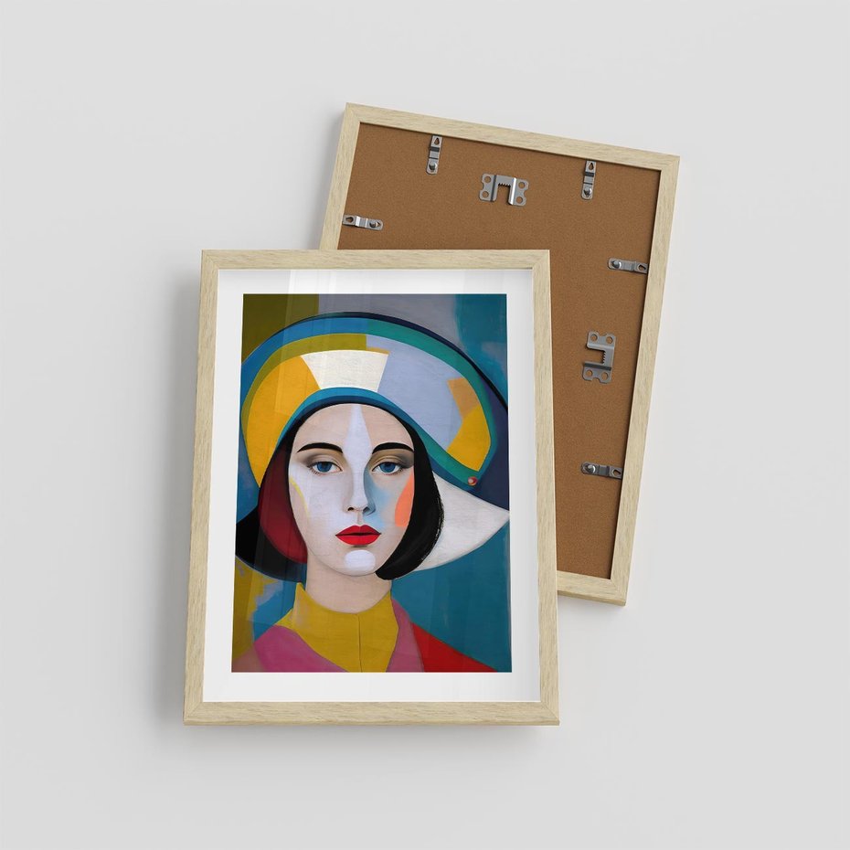 Plakat w ramie 30x40 - Kształtujące Widzenia - abstrakcyjny obraz olejny, portret twarzy kobiety - rama drewno
