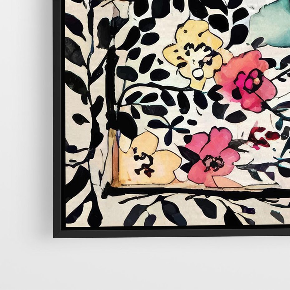 Obraz w ramie 70x50 - Opowieść w kroplach farb - akwarelowe kwiaty, mocna ornamentowa czarna ramka namalowana dookoła obrazu - rama czarna