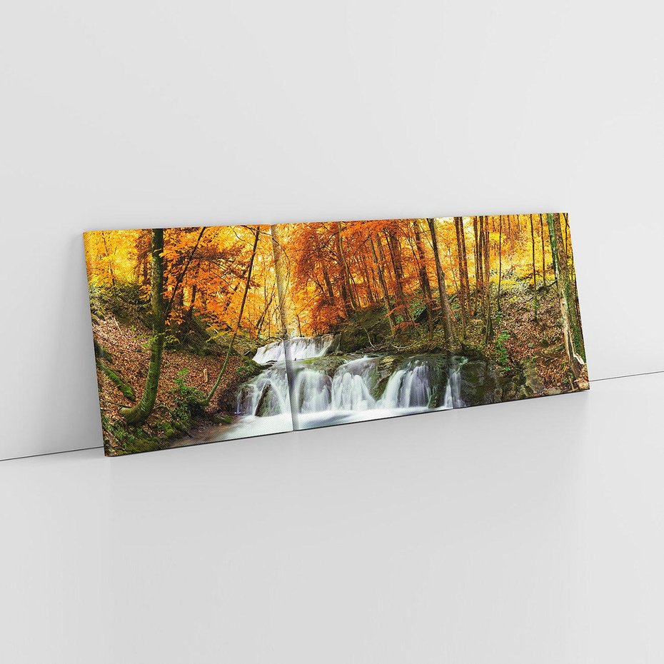 Obraz na płótnie 90x30 - Jesienny wodospad w lesie - jesień, wodospad