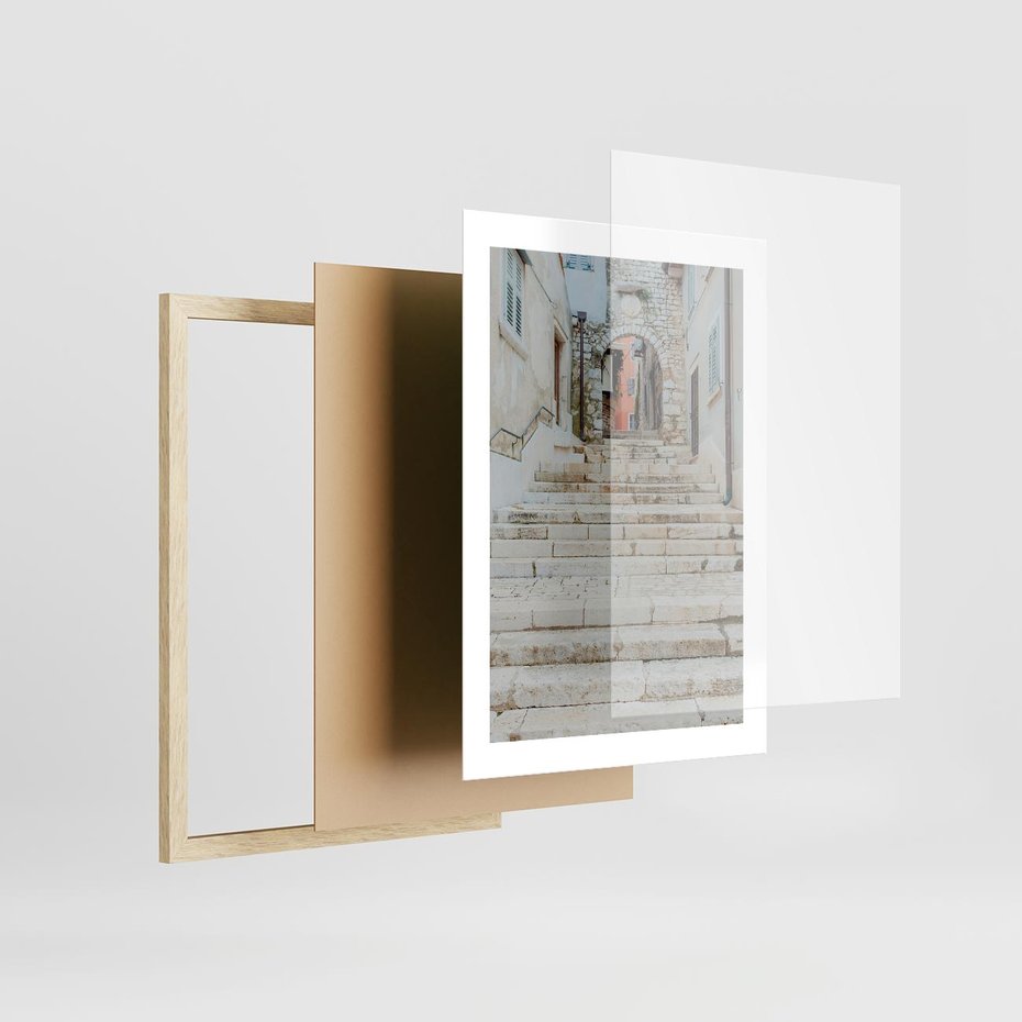 Plakat w ramie 30x40 - Schody we Włoskim Miasteczku - schody, śródziemnomorskie miasteczko - rama drewno