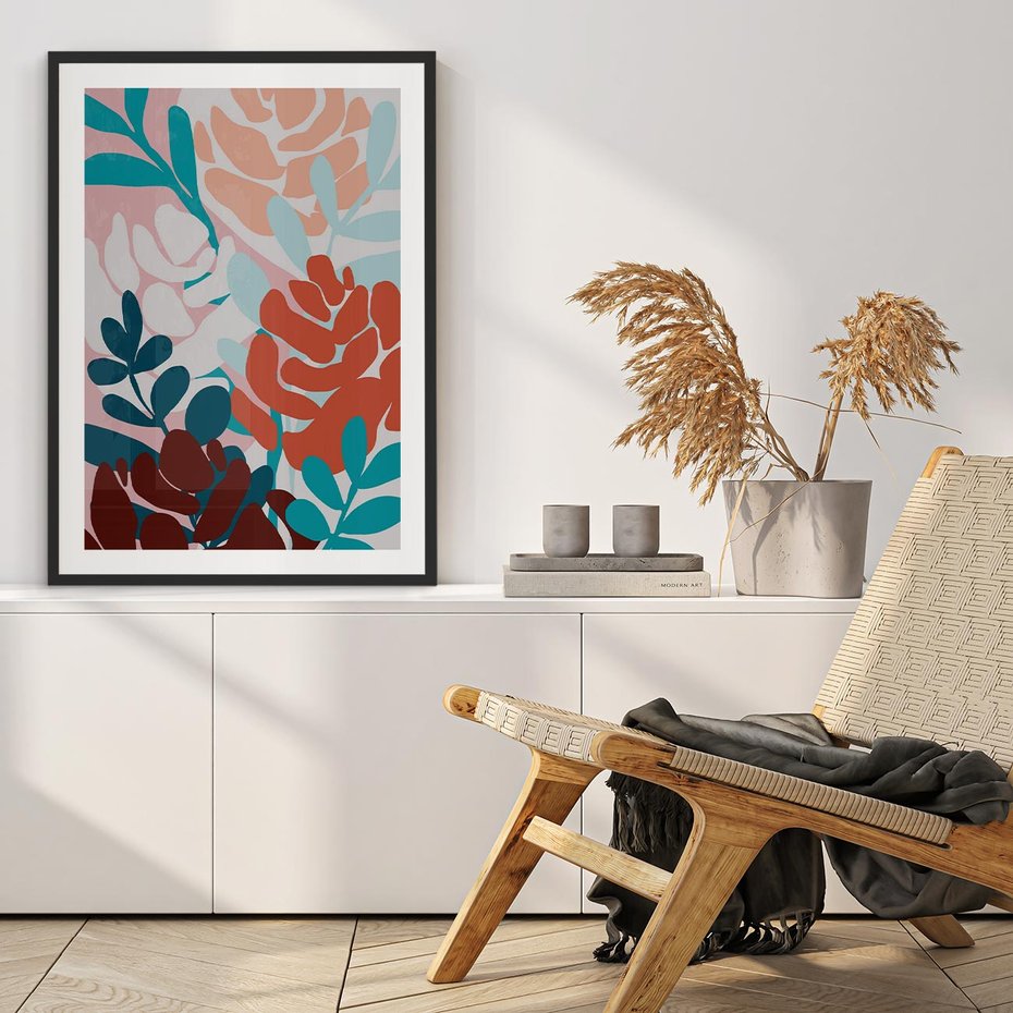 Plakat bez ramy 21x30 - Impresje Kształtów - abstrakcyjna kompozycja kwiatowych form, kolor zgaszone