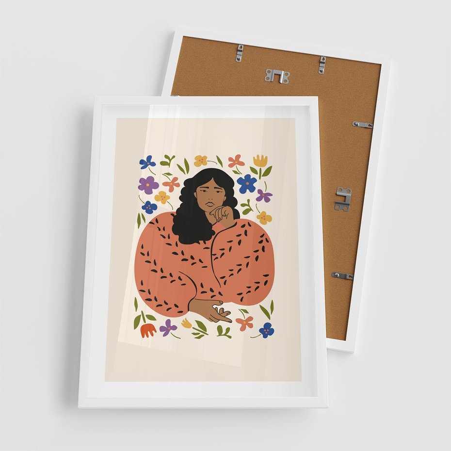 Plakat w ramie 50x70 - Rozplątane Emocje - nowoczesny plakat, kobieta otoczona kwiatami - rama biała