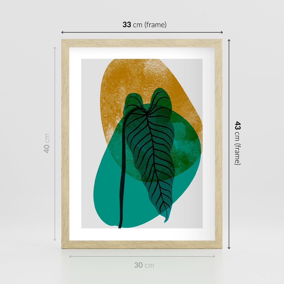 Plakat w ramie 30x40 - Zielony Liść ze Złotą Plamą - zielony liść, złota plama - rama drewno