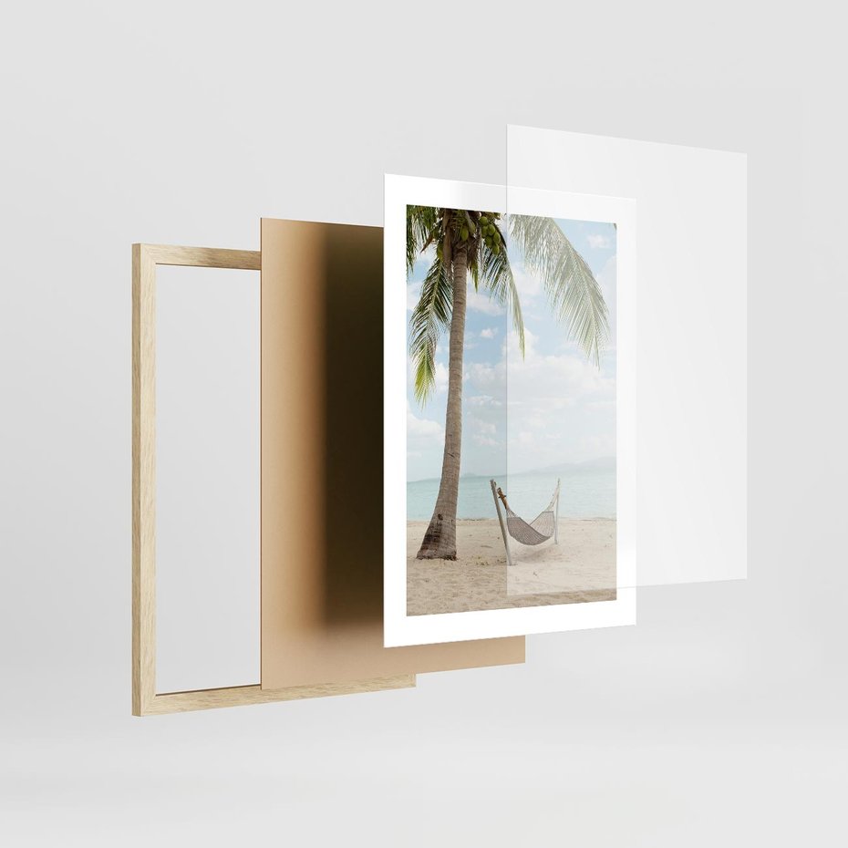 Plakat w ramie 30x40 - Relaks na plaży - palma, hamak - rama drewno