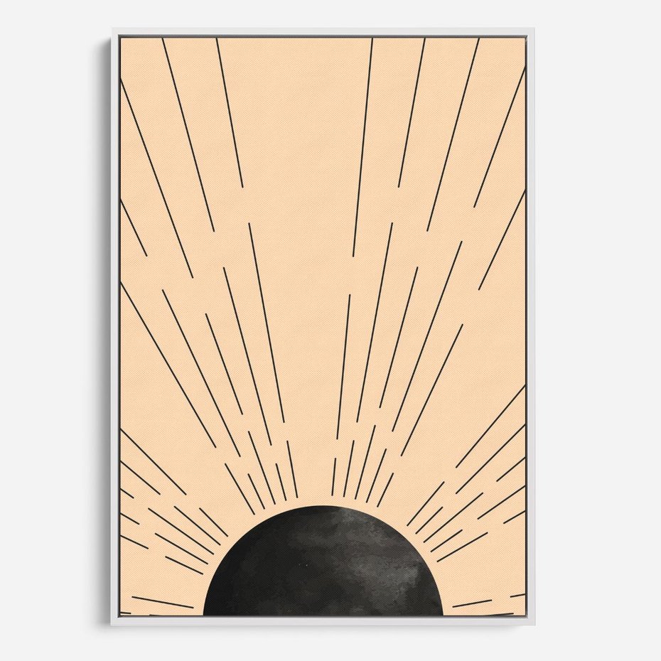 Obraz w ramie 50x70 - Migocące Kształty Promieni - boho czarne słońce, nowoczesna grafika - rama biała